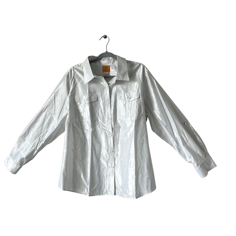 Ruby Rd Woman Metallic Silver Button Down Shirt Long Sleeve Roll Tab 16W Classy